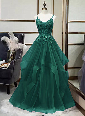 A-line Tulle with Lace Applique Straps Long Party Dress, Green Tulle Prom Dress