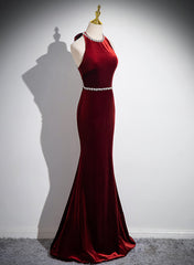 Wine Red Mermaid Long Velvet Long Party Dress, Wine Red Evening Dress Prom Dress