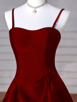 Wine Red A-Line Straps Satin Long Party Dress, Wine Red Long Prom Dress Evening Dress