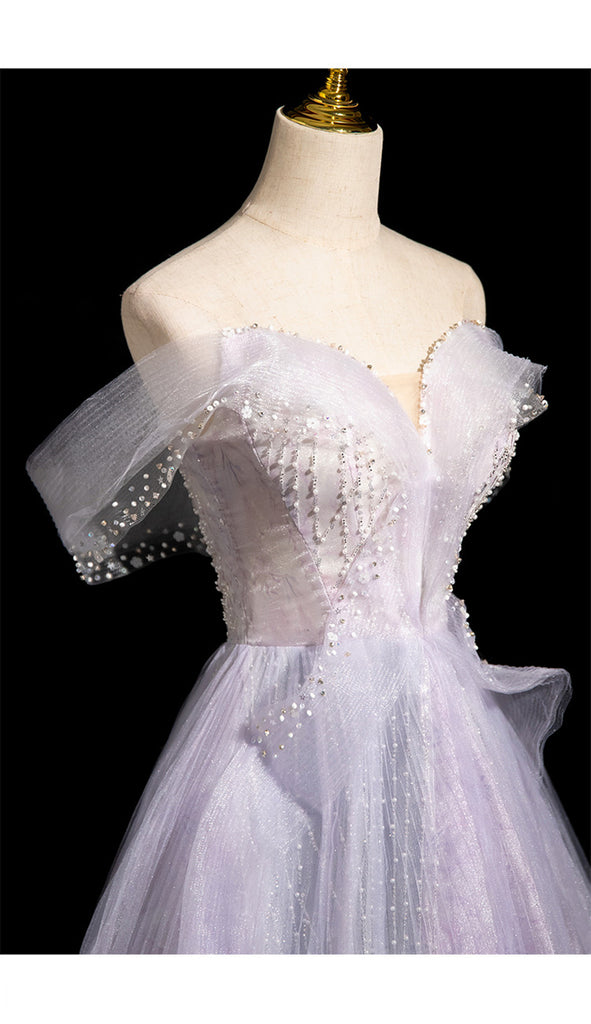 Light Purple Tulle with Lace Applique Party Dress, Off Shoulder Short Formal Dress