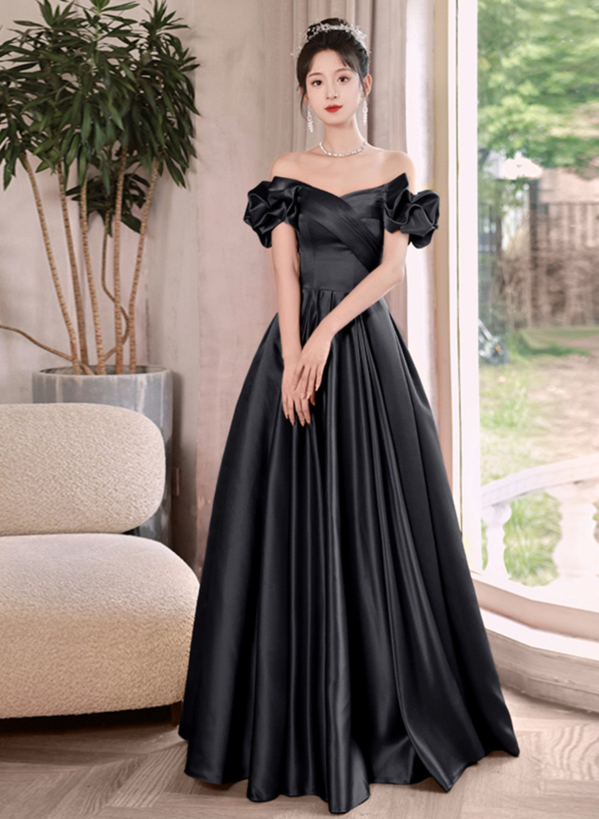 Black Satin Off Shoulder Long Formal Dress Evening Dress, Black Satin Cutedressy Black Satin Off Shoulder Long Formal Dress Evening Dress, Black Satin Cutedressy
