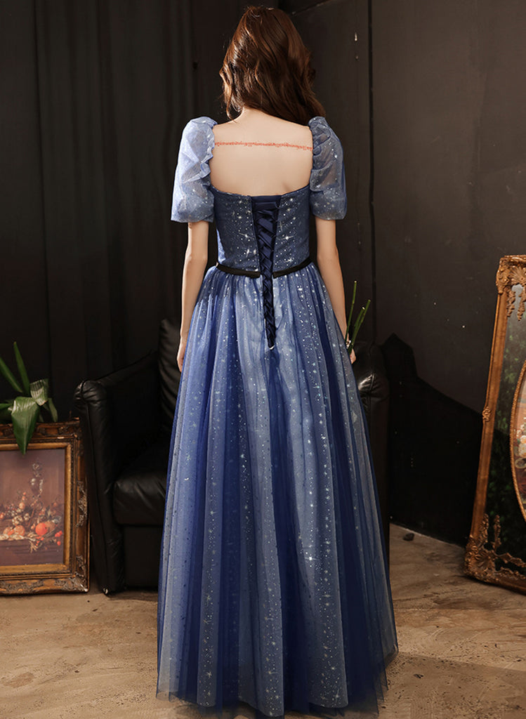 Navy Blue Tulle Sweetheart A-line Long Formal Dress, Blue Prom Dress Party Dress