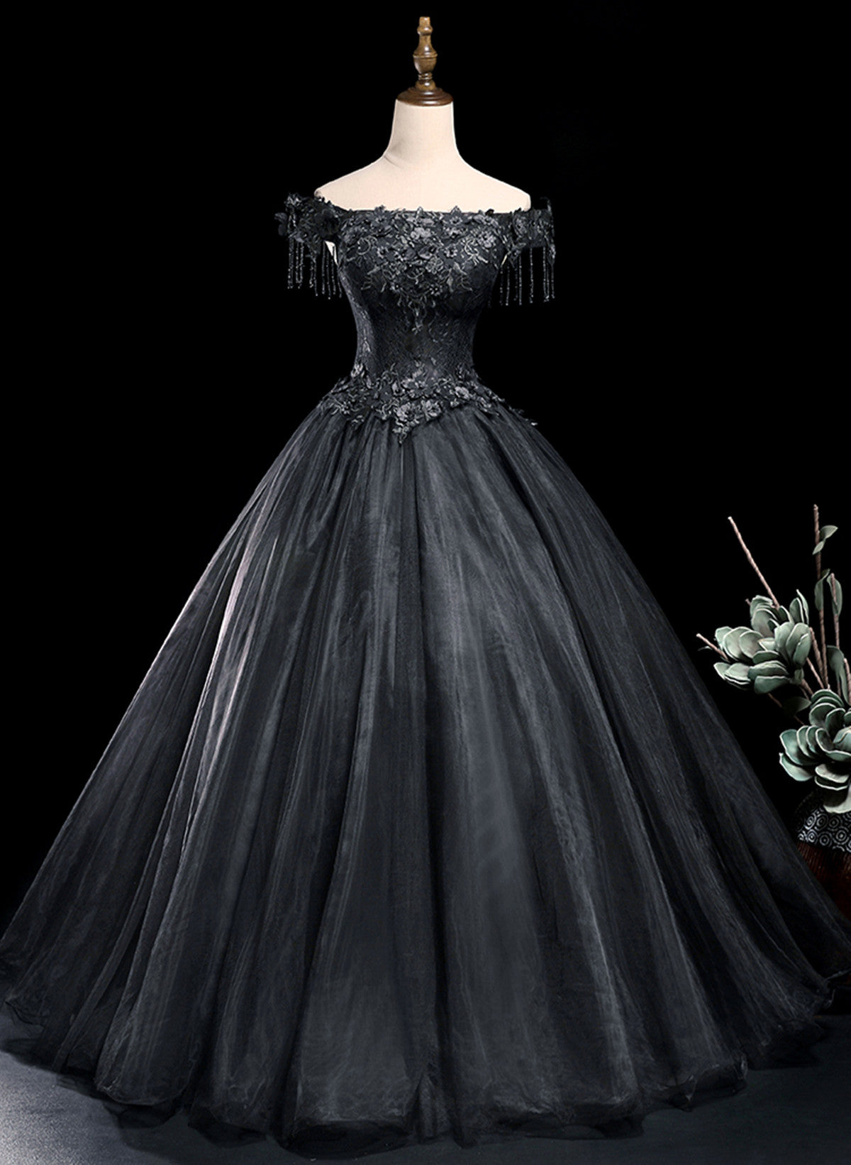 Black Off Shoulder with Lace Applique Long Party Dress, Black Sweet 16 Cutedressy Black Off Shoulder with Lace Applique Long Party Dress, Black Sweet 16 Cutedressy