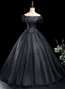Black Off Shoulder with Lace Applique Long Party Dress, Black Sweet 16 Dress Formal Dress