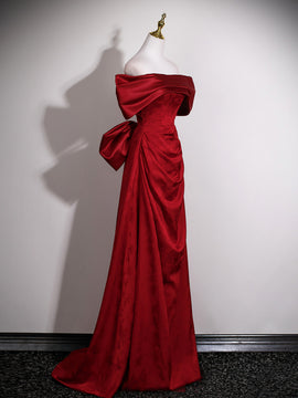 Wine Red Floral Satin Off Shoulder Prom Dress with Bow, Wine Red Satin Evening Dress