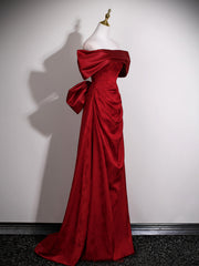 Wine Red Floral Satin Off Shoulder Prom Dress with Bow, Wine Red Satin Evening Dress