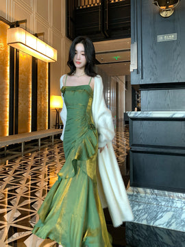 Green Satin Straps Long Evening Dress Prom Dress, Green Satin Scoop Evening Dress