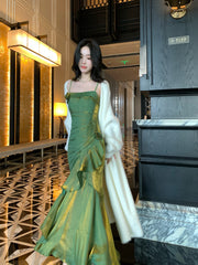 Green Satin Straps Long Evening Dress Prom Dress, Green Satin Scoop Evening Dress