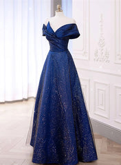 Navy Blue Satin Long Simple Formal Dress, Navy Blue Wedding Party Dress