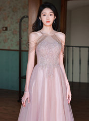 Pink Haler Tulle Beaded A-line Prom Dress, Pink Tulle Evening Dress Party Dress