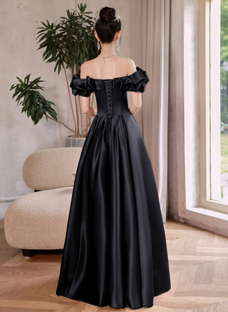 Black Satin Off Shoulder Long Formal Dress Evening Dress, Black Satin