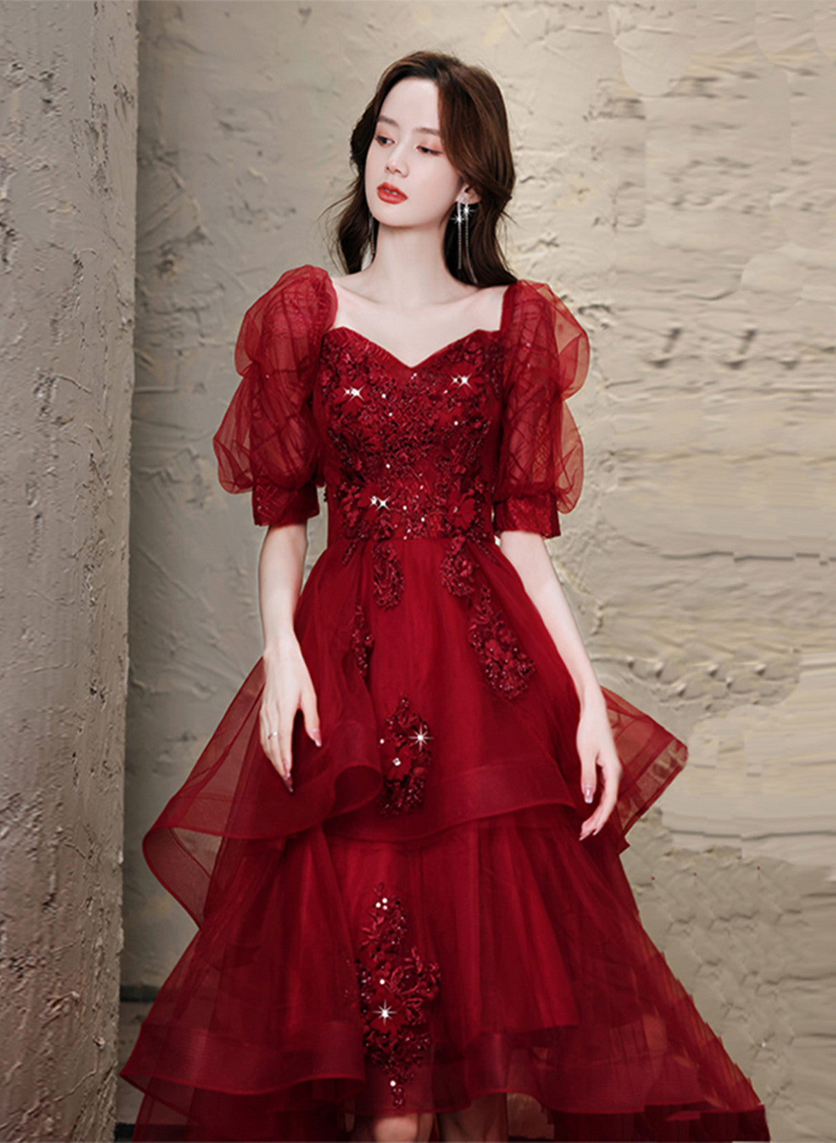 Chic Wine Red High Low Short Sleeves Party Dress, Wine Red High Low Homecoming Dress