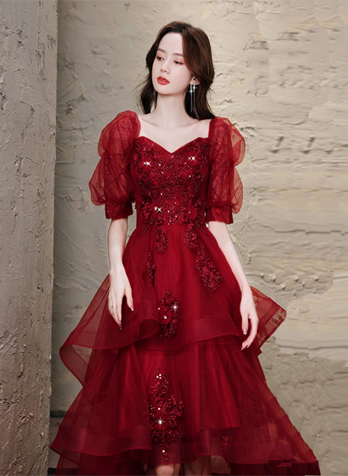 Chic Wine Red High Low Short Sleeves Party Dress, Wine Red High Low Ho Cutedressy Chic Wine Red High Low Short Sleeves Party Dress, Wine Red High Low Ho Cutedressy