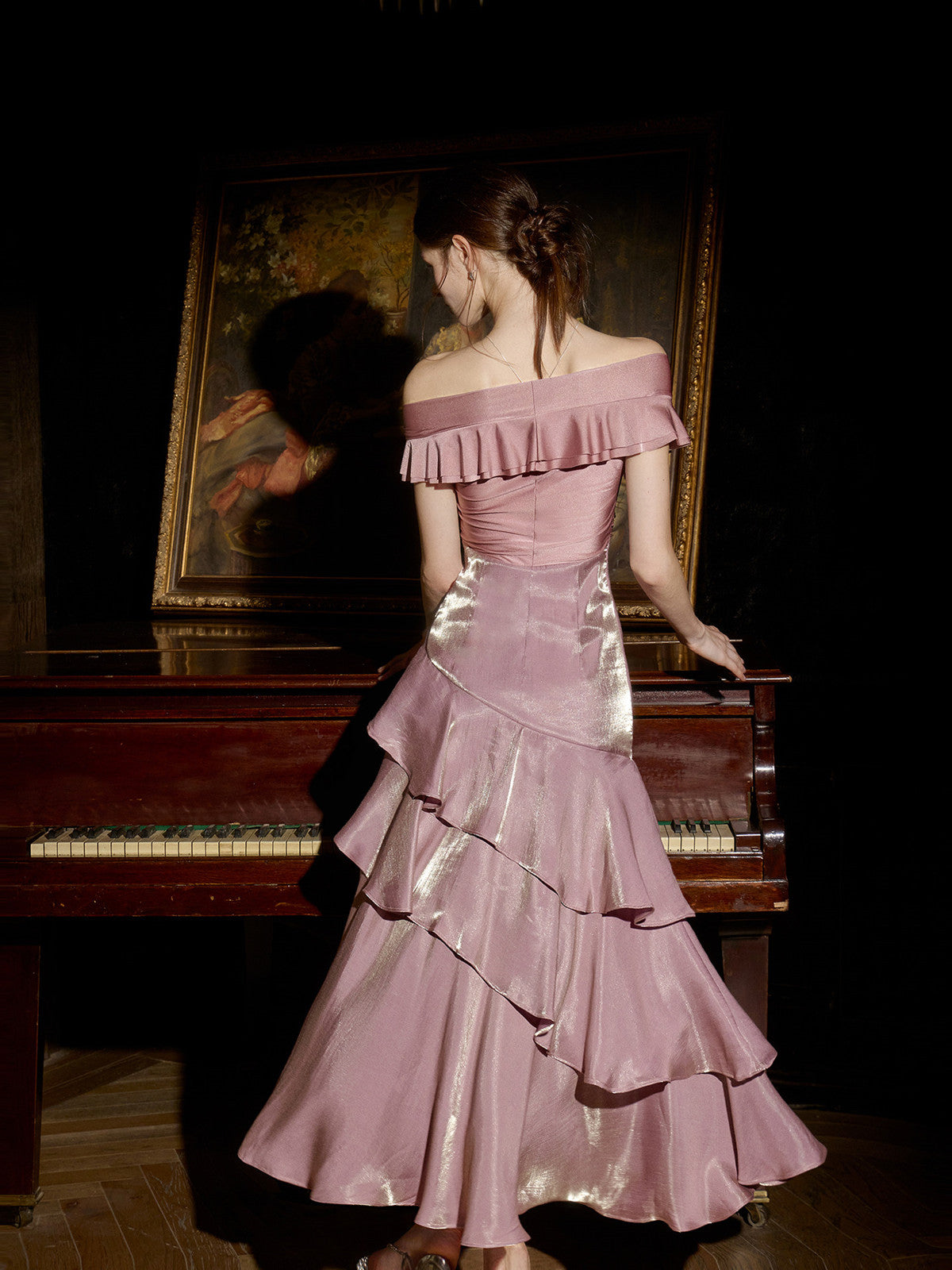 Pink Off Shoulder Layers Long Formal Gown, Elegant Pink Floor Length Evening Dress Formal Dress