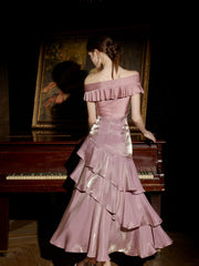 Pink Off Shoulder Layers Long Formal Gown, Elegant Pink Floor Length Evening Dress Formal Dress