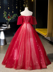Red Off Shoulder Tulle Long Formal Dress, Red Sweetheart Ball Gown Sweet 16 Dress