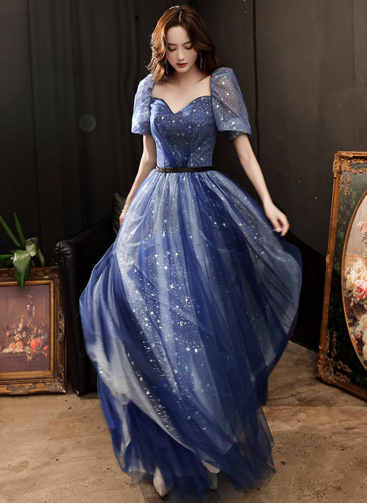 A-line Navy Blue Tulle Long Party Dress, Navy Blue Sweetheart Prom Dress