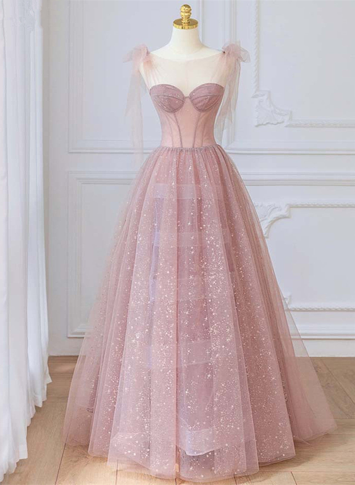 Lovely Shiny Tulle Pink Round Long Formal Dress, Pink Tulle Prom Dress