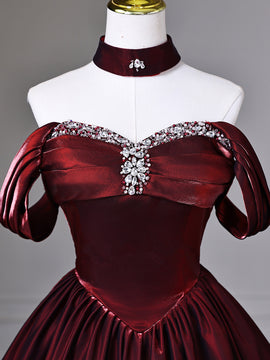 Wine Red Beaded Sweetheart Off Shoulder Prom Dress, Wine Red Satin Sweet 16 Dress