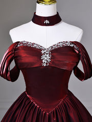 Wine Red Beaded Sweetheart Off Shoulder Prom Dress, Wine Red Satin Sweet 16 Dress