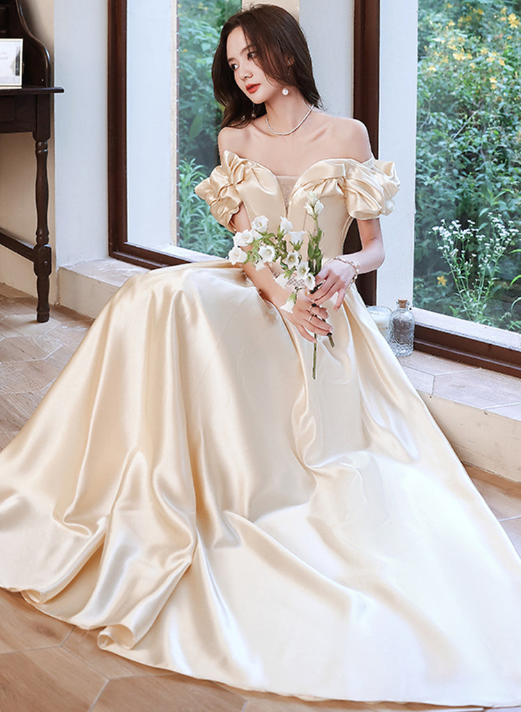 Chic White Satin Sweetheart Beaded Wedding Party Dress, White Satin Formal Dress