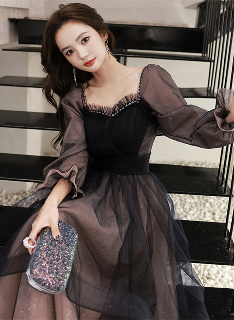 Black Long Sleeves Tulle Sweetheart Party Dress, A-line Black Evening