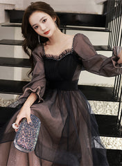 Black Long Sleeves Tulle Sweetheart Party Dress, A-line Black Evening Dress Prom Dress