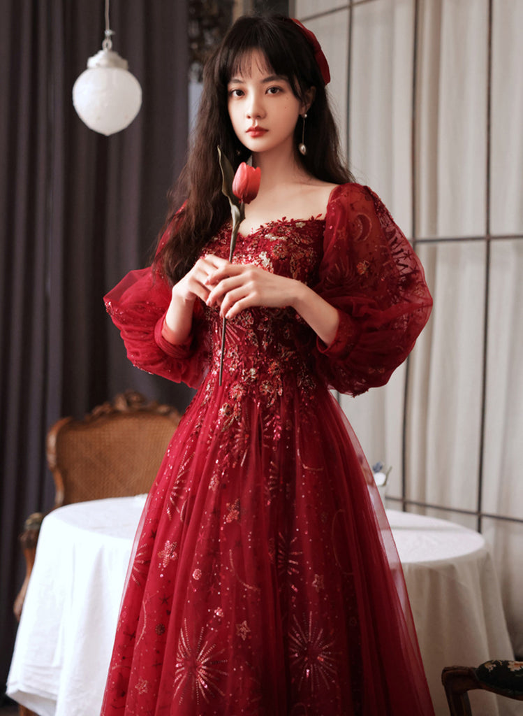 Wine Red Strapless Long Taffeta Sweet 16 Dress, Wine Red Sweetheart Prom Dress Formal Gown
