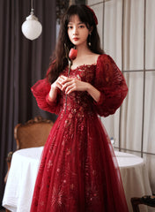 Wine Red Puffy Sleeves Sweetheart Party Dress,Wine Red Long Prom Dress