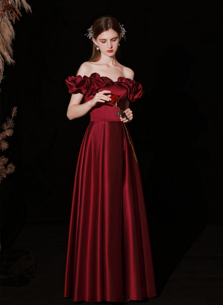 Wine Red Satin Floor Length Party Dress, A-line Off Shoulder Prom Dress