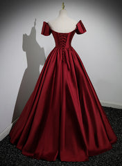 Wine Red Satin Short Sleeves Long Party Dress, Simple Wine Red Satin Prom Dress