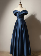 A-line Simple Navy Blue Long Prom Dress, Blue Sweetheart Evening Dress