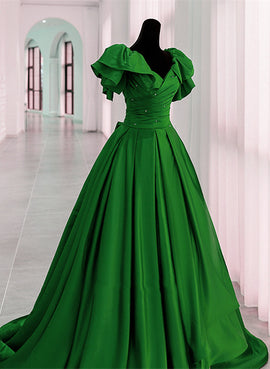 Green Satin Long Party Dress Short Sleeves, Green Satin Evening Dress Formal Dress