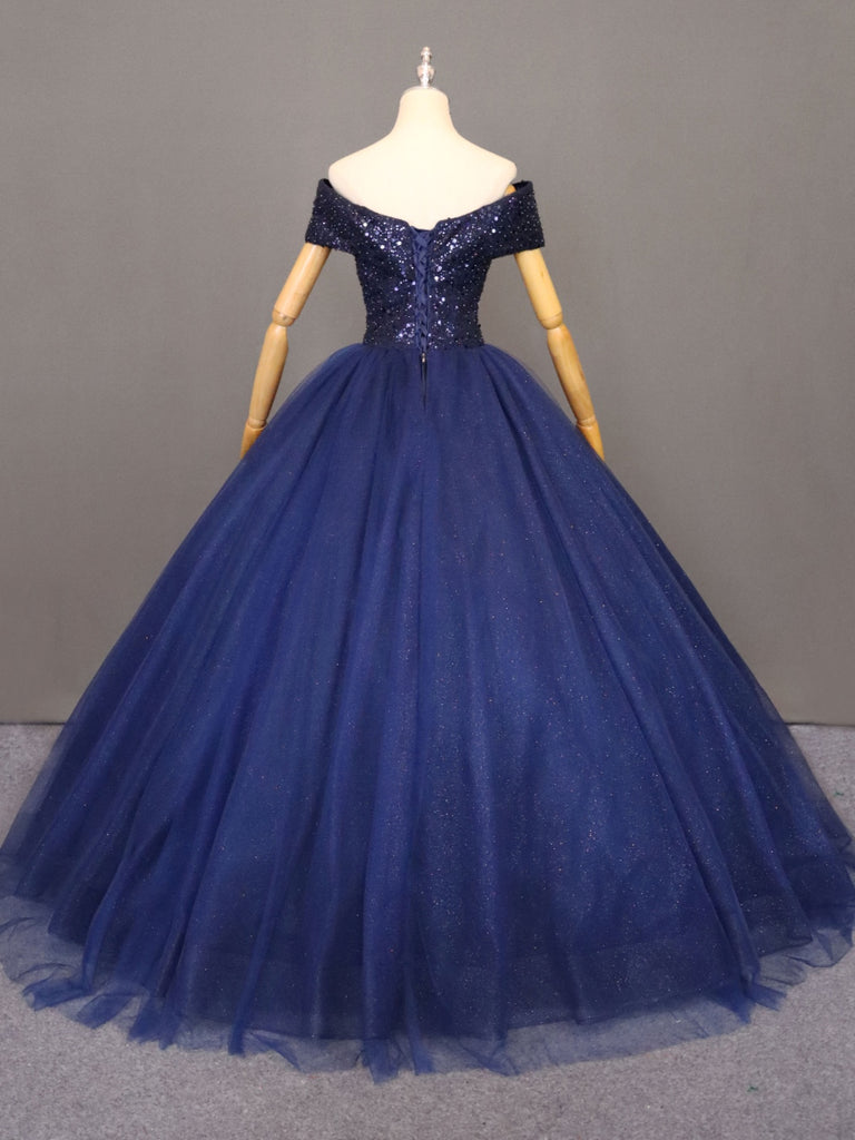 Glam Navy Blue Off Shoulder Beaded Tulle Formal Gown, Navy Blue Sweet