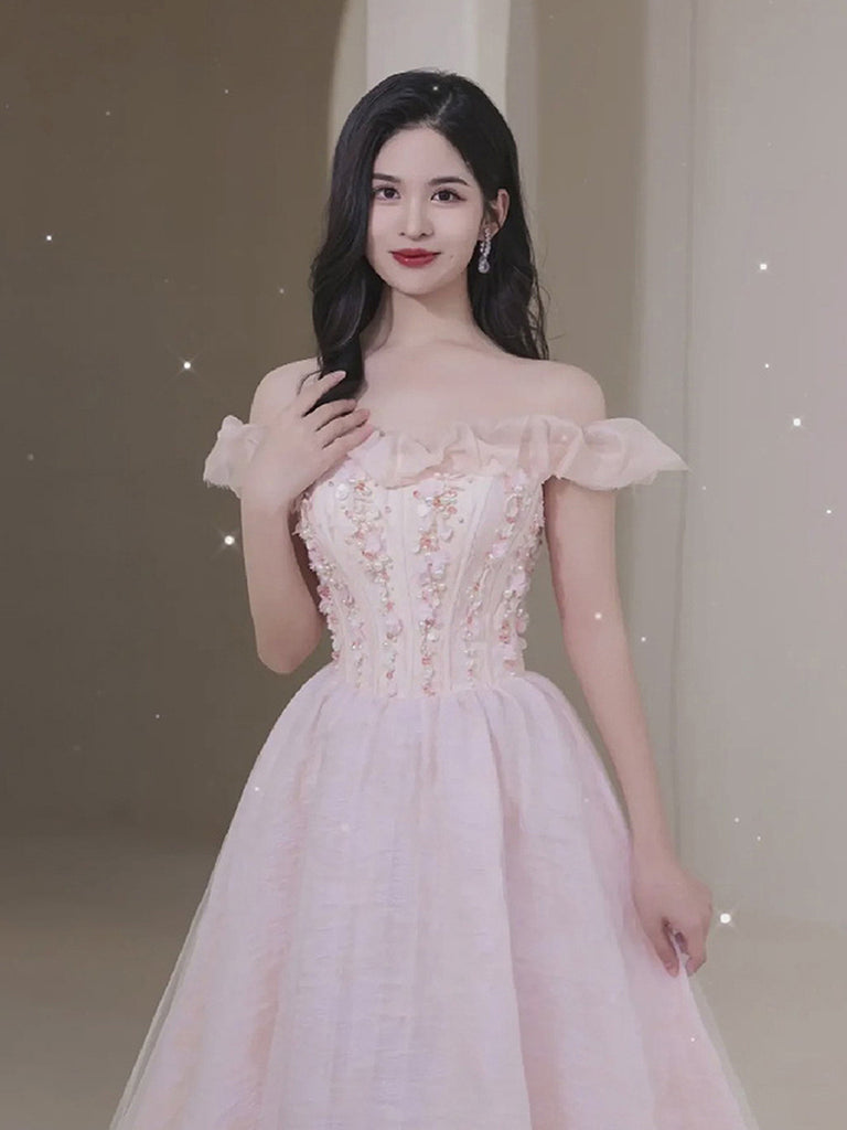 Pink Sweetheart Beaded Tea Length Tulle Homecoming Dress, Pink Tulle S ...
