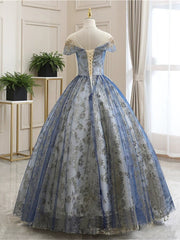 Charming Blue Tulle with Lace Cap Sleeves Party Dress, Tulle Ball Gown Sweet 16 Dress
