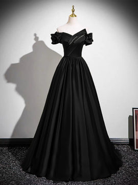 A-line Satin Beaded Off Shoulder Long Prom Dress, Black Sweetheart Floor Length Party Dress