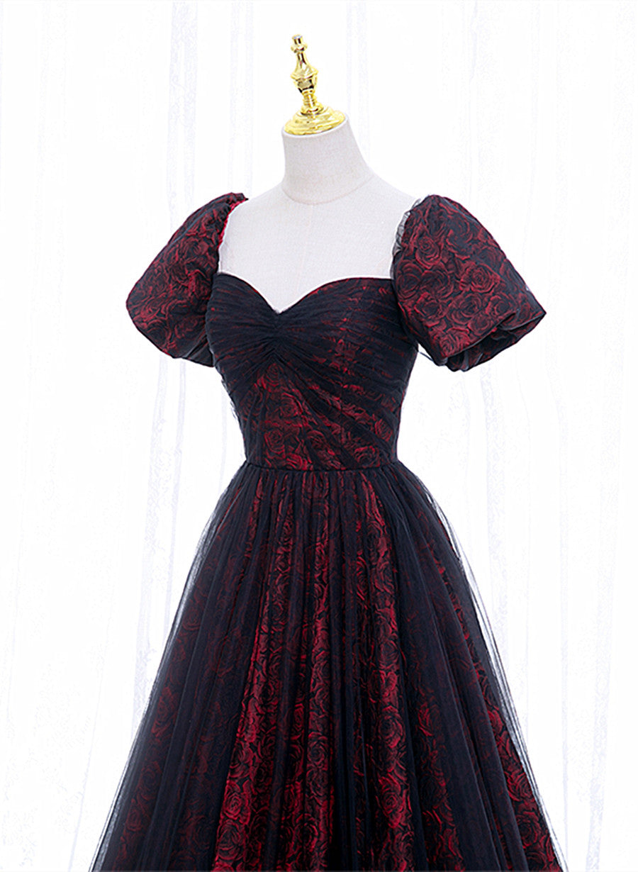 Black and Red Sweethart Tulle Floor Length Party Dress, A-line Wedding Party Dress