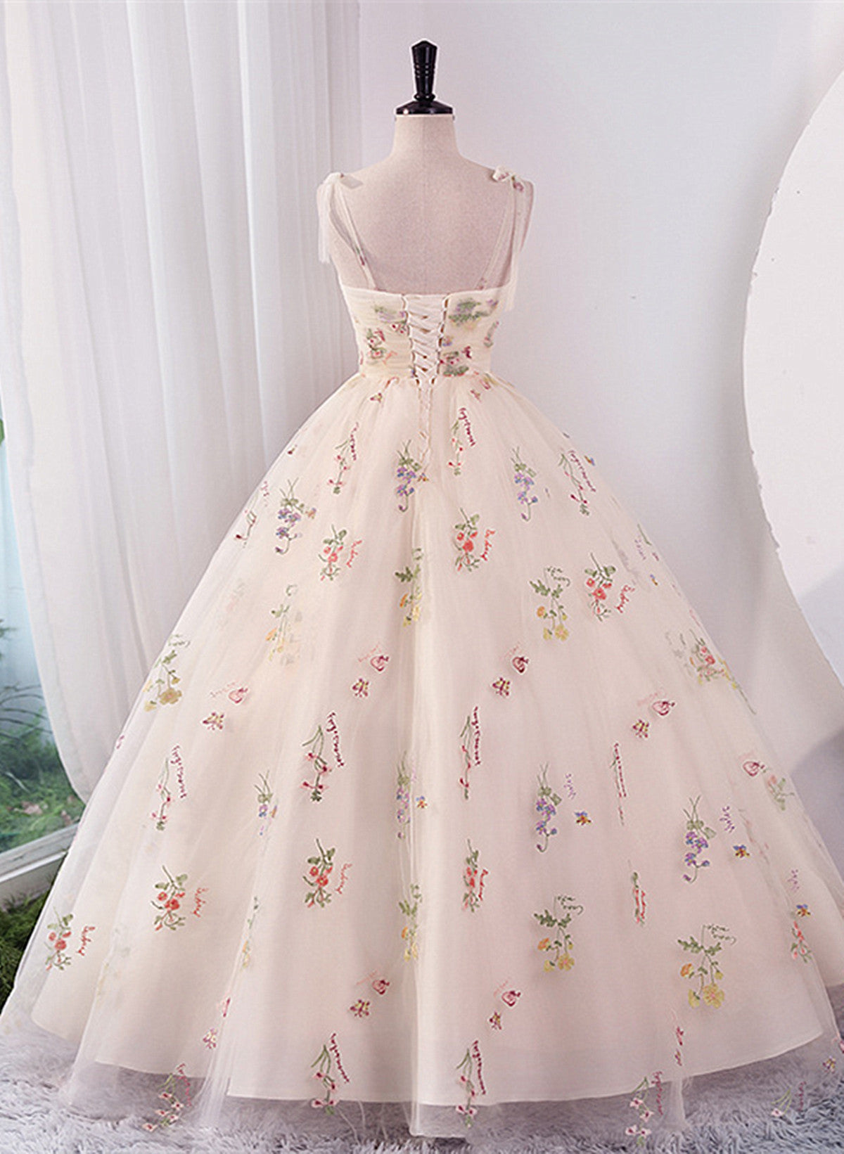 Ivory Floral Tulle Sweetheart Straps Long Party Dress, Ball Gown Sweet 16 Dress