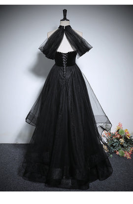 Black Haler Tulle and Velvet Long Prom Dress, Black A-line Tulle Evening Dress