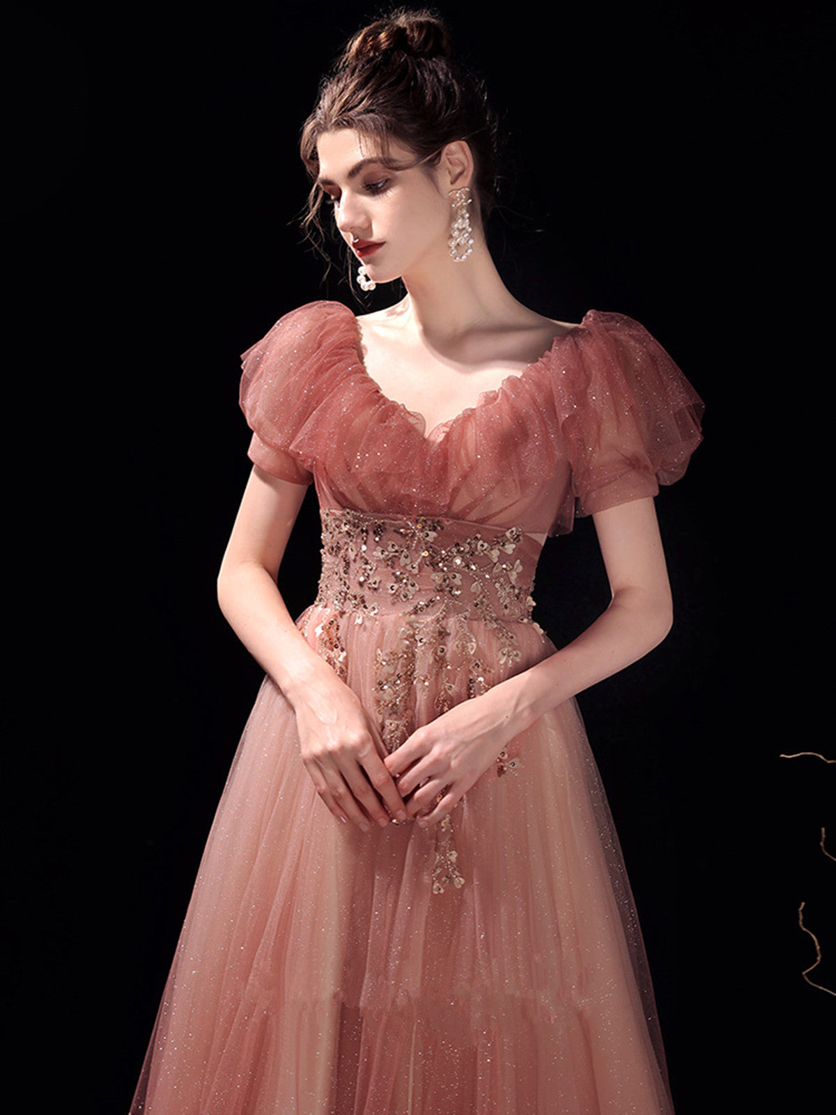 Pink V-neckline Tulle Long Formal Dress Prom Dress, Pink Tulle Evening Dress