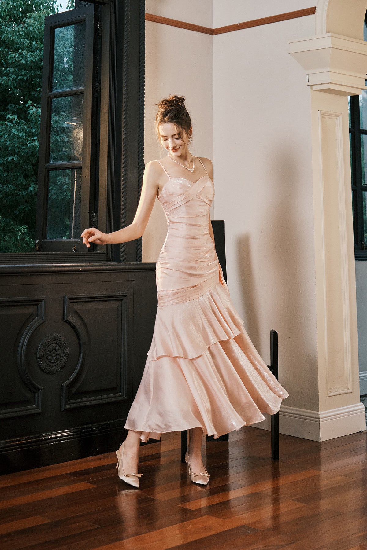 Pink Sweetheart Straps Mermaid Evening Dress, Pink Satin Long Prom Dress