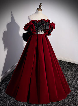 Wine Red Velvet Off Shoulder Long Formal Dress, Wine Red Sweetheart Prom Dress