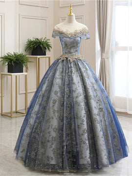 Charming Blue Tulle with Lace Cap Sleeves Party Dress, Tulle Ball Gown Sweet 16 Dress