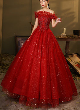 Red Scoop Ball Gown Shiny Tulle Off Shoulder Party Dress, Red Sweet 16 Dress Formal Dress
