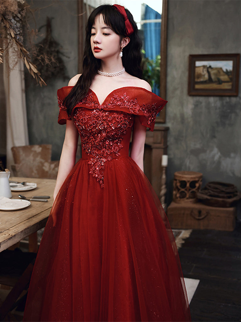 Beautiful Wine Red Tulle Off Shoulder Prom Dress, Dark Red Party Dress 2022