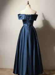 A-line Simple Navy Blue Long Prom Dress, Blue Sweetheart Evening Dress