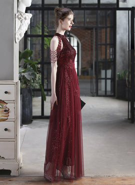 Wine Red A-line Sequins and Tulle Halter Long Prom Dress, Wine Red Formal Dress
