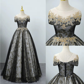 Black Tulle and Lace Round Neckline Party Dress, Black Long Lace Prom Dress