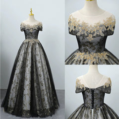 Black Tulle and Lace Round Neckline Party Dress, Black Long Lace Prom Dress
